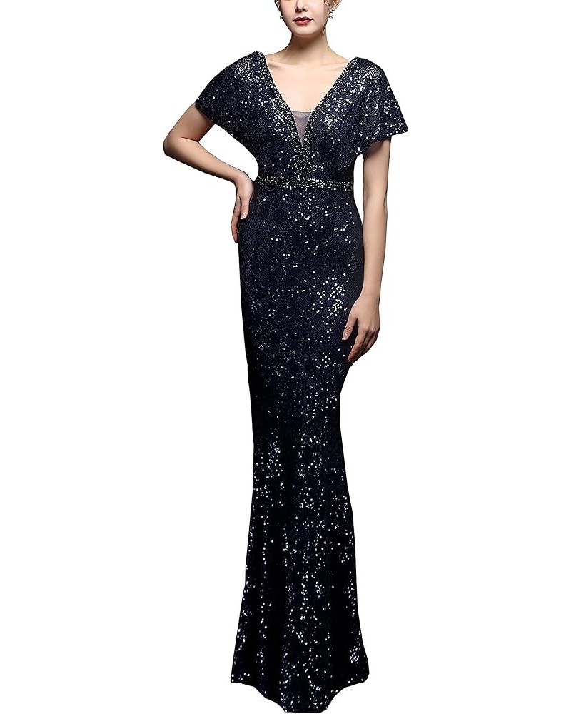 Women's Short Sleeve Sequin Mermaid Evening Dress Double V Elegant Long Gown Blue $40.59 Dresses