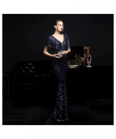 Women's Short Sleeve Sequin Mermaid Evening Dress Double V Elegant Long Gown Blue $40.59 Dresses