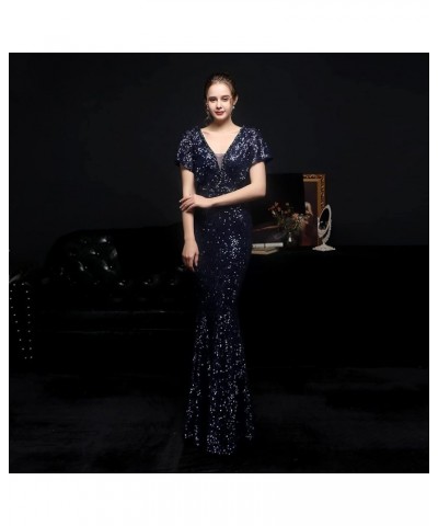 Women's Short Sleeve Sequin Mermaid Evening Dress Double V Elegant Long Gown Blue $40.59 Dresses