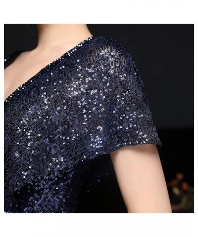 Women's Short Sleeve Sequin Mermaid Evening Dress Double V Elegant Long Gown Blue $40.59 Dresses