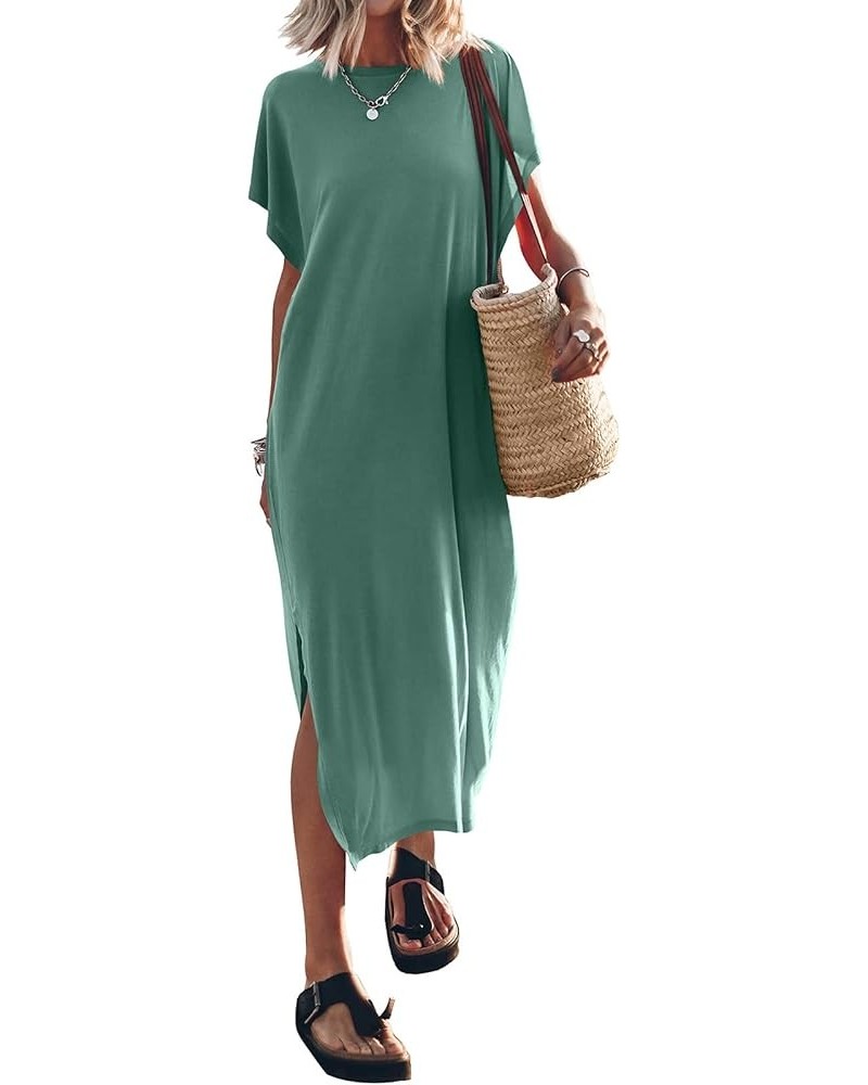 Women Loose Short Sleeve Long Dress Batwing Sleeve Round Neck Split Long Beach Dress Summer with Mouth Beach Dress Green $9.8...