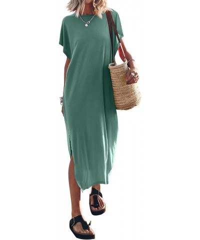 Women Loose Short Sleeve Long Dress Batwing Sleeve Round Neck Split Long Beach Dress Summer with Mouth Beach Dress Green $9.8...