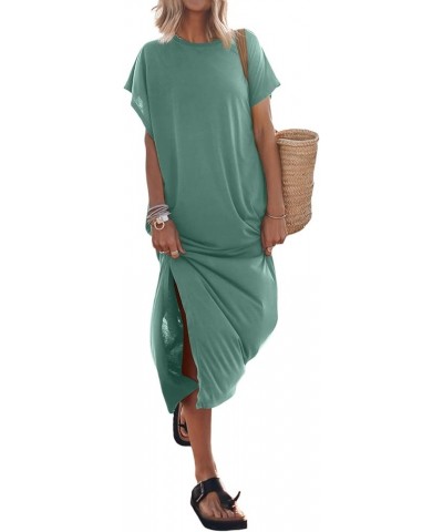 Women Loose Short Sleeve Long Dress Batwing Sleeve Round Neck Split Long Beach Dress Summer with Mouth Beach Dress Green $9.8...