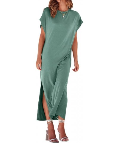 Women Loose Short Sleeve Long Dress Batwing Sleeve Round Neck Split Long Beach Dress Summer with Mouth Beach Dress Green $9.8...