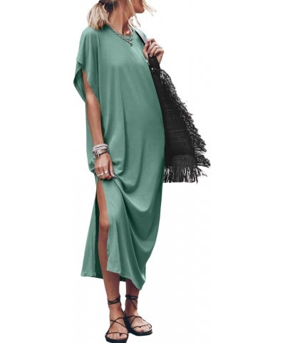 Women Loose Short Sleeve Long Dress Batwing Sleeve Round Neck Split Long Beach Dress Summer with Mouth Beach Dress Green $9.8...