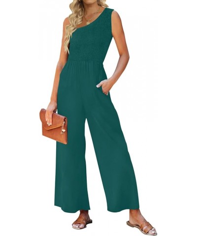 Women's 2024 Summer Casual One Shoulder Sleeveless Smocked High Waist Loose Wide Leg Jumpsuit Romper with Pockets Forestgreen...