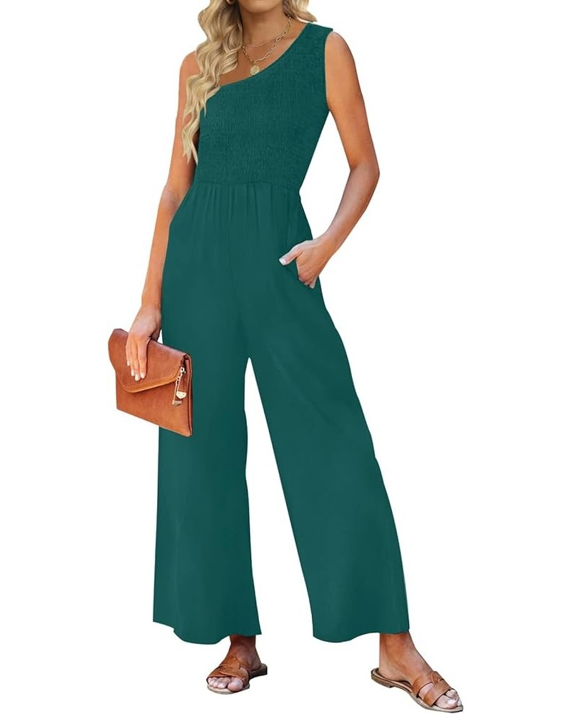 Women's 2024 Summer Casual One Shoulder Sleeveless Smocked High Waist Loose Wide Leg Jumpsuit Romper with Pockets Forestgreen...