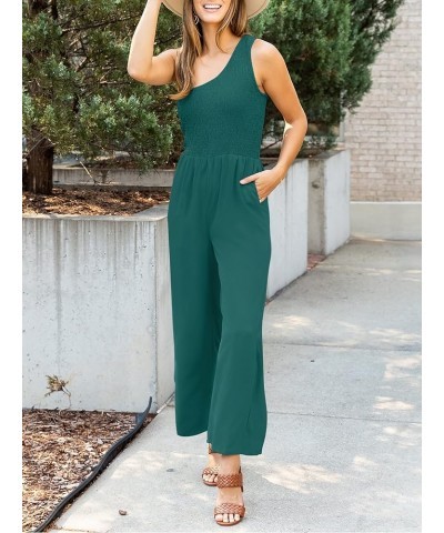 Women's 2024 Summer Casual One Shoulder Sleeveless Smocked High Waist Loose Wide Leg Jumpsuit Romper with Pockets Forestgreen...