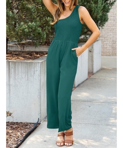 Women's 2024 Summer Casual One Shoulder Sleeveless Smocked High Waist Loose Wide Leg Jumpsuit Romper with Pockets Forestgreen...