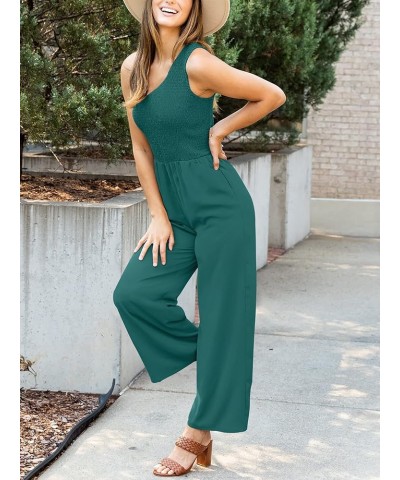 Women's 2024 Summer Casual One Shoulder Sleeveless Smocked High Waist Loose Wide Leg Jumpsuit Romper with Pockets Forestgreen...