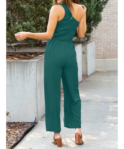 Women's 2024 Summer Casual One Shoulder Sleeveless Smocked High Waist Loose Wide Leg Jumpsuit Romper with Pockets Forestgreen...