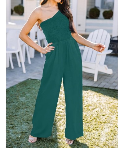 Women's 2024 Summer Casual One Shoulder Sleeveless Smocked High Waist Loose Wide Leg Jumpsuit Romper with Pockets Forestgreen...