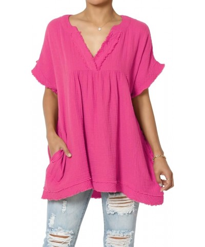 Women's Casual Loose Short Sleeve V Neck Cotton Gauze Babydoll Shirt Blouse Top Hot Pink $13.33 Blouses