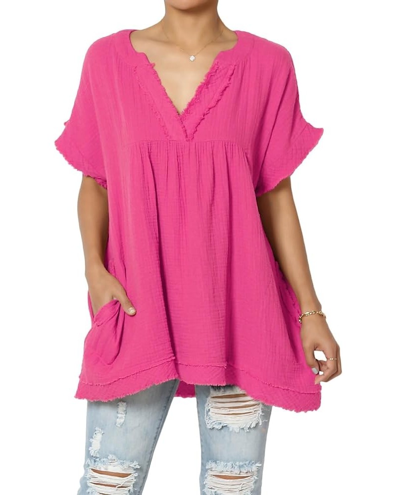 Women's Casual Loose Short Sleeve V Neck Cotton Gauze Babydoll Shirt Blouse Top Hot Pink $13.33 Blouses