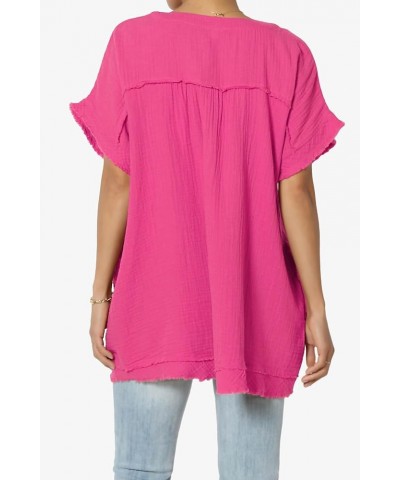 Women's Casual Loose Short Sleeve V Neck Cotton Gauze Babydoll Shirt Blouse Top Hot Pink $13.33 Blouses