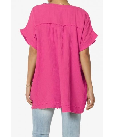 Women's Casual Loose Short Sleeve V Neck Cotton Gauze Babydoll Shirt Blouse Top Hot Pink $13.33 Blouses