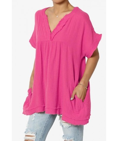 Women's Casual Loose Short Sleeve V Neck Cotton Gauze Babydoll Shirt Blouse Top Hot Pink $13.33 Blouses