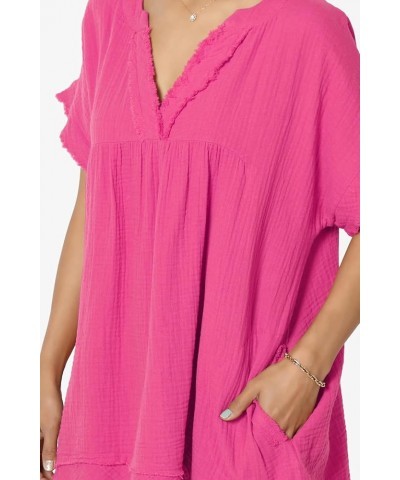 Women's Casual Loose Short Sleeve V Neck Cotton Gauze Babydoll Shirt Blouse Top Hot Pink $13.33 Blouses