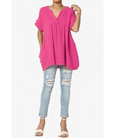 Women's Casual Loose Short Sleeve V Neck Cotton Gauze Babydoll Shirt Blouse Top Hot Pink $13.33 Blouses