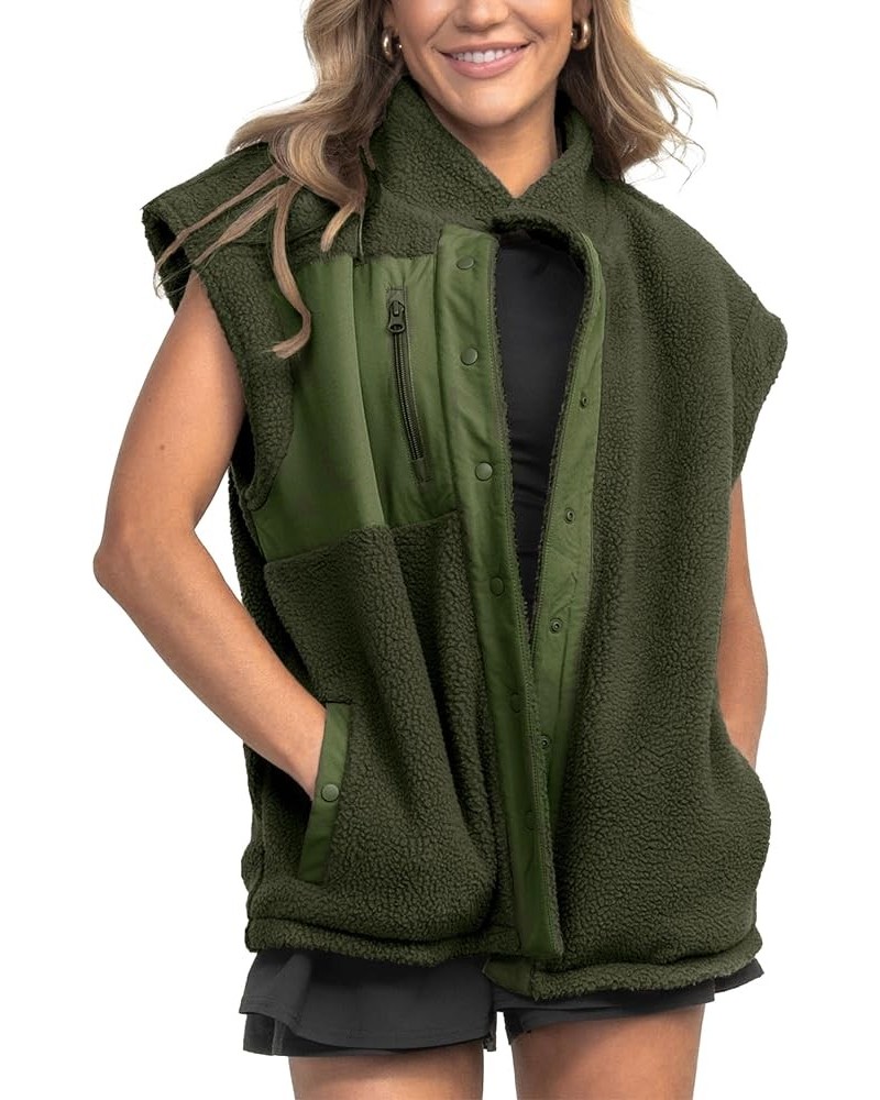 Women Fuzzy Vest Fleece Sherpa Jackets Sleeveless Button Down Outwear with Pockets Army Green $27.83 Vests