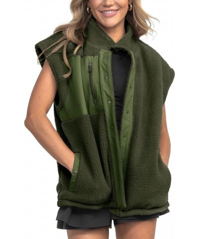 Women Fuzzy Vest Fleece Sherpa Jackets Sleeveless Button Down Outwear with Pockets Army Green $27.83 Vests