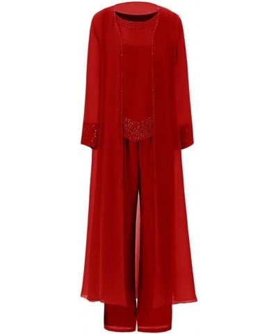 Mother of The Bride Pant Suits for Wedding 3Pcs Long Sleeve Evening Outfits Formal Gowns with Jacket Red $36.55 Suits