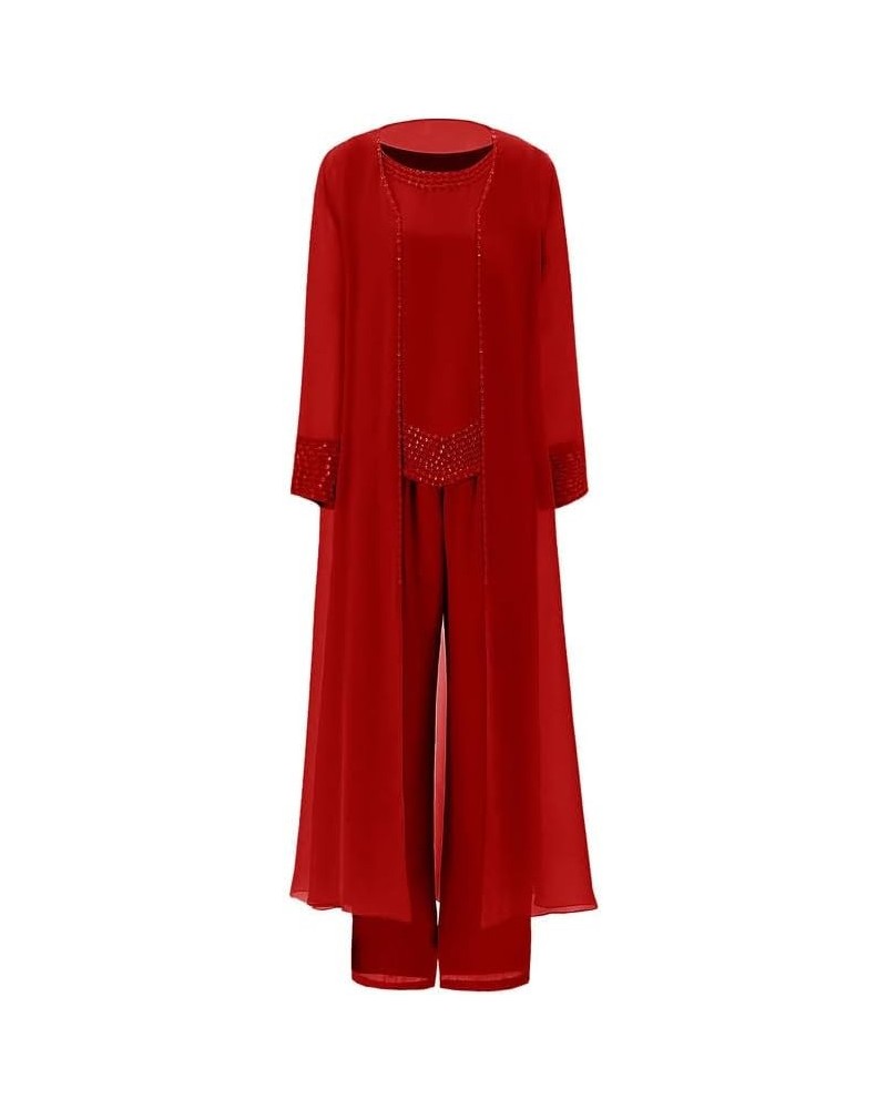 Mother of The Bride Pant Suits for Wedding 3Pcs Long Sleeve Evening Outfits Formal Gowns with Jacket Red $36.55 Suits