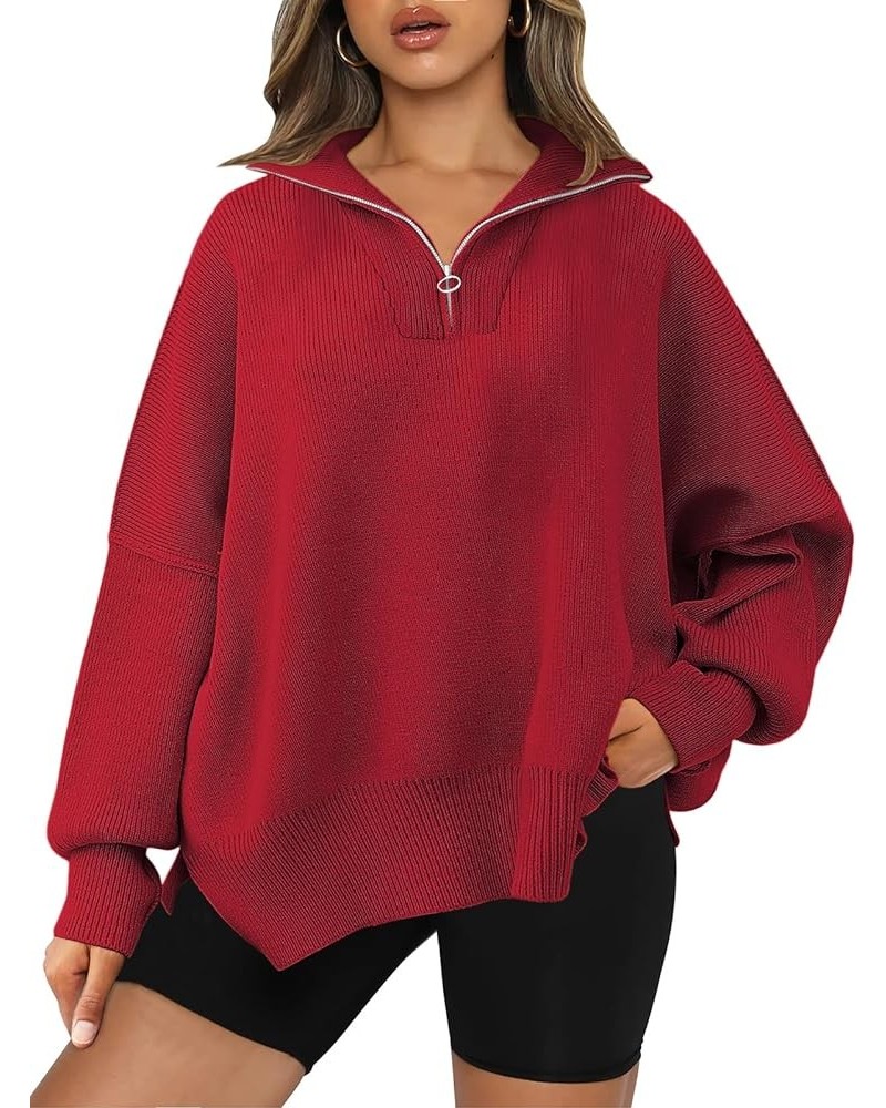 Women's Sweaters 2023 Winter Zipper Collared Oversized Drop Shoulder Tunic Pullover Knit Sweater Tops Red $16.73 Sweaters