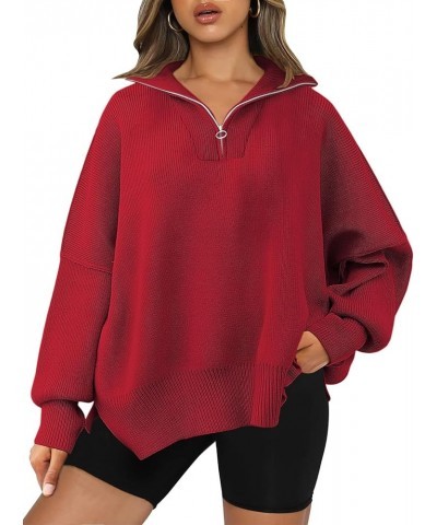 Women's Sweaters 2023 Winter Zipper Collared Oversized Drop Shoulder Tunic Pullover Knit Sweater Tops Red $16.73 Sweaters