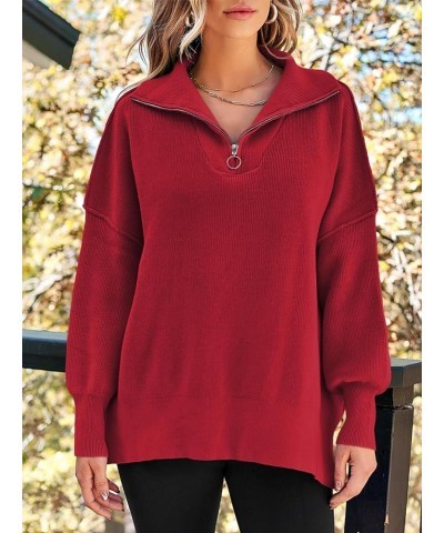 Women's Sweaters 2023 Winter Zipper Collared Oversized Drop Shoulder Tunic Pullover Knit Sweater Tops Red $16.73 Sweaters