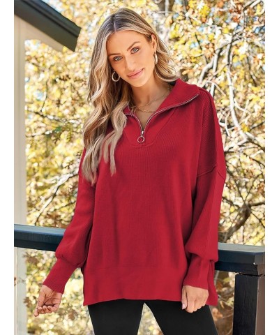 Women's Sweaters 2023 Winter Zipper Collared Oversized Drop Shoulder Tunic Pullover Knit Sweater Tops Red $16.73 Sweaters