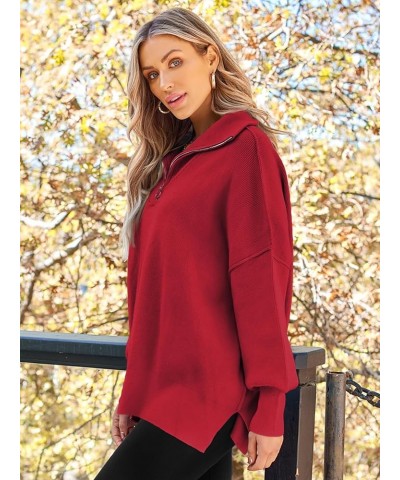 Women's Sweaters 2023 Winter Zipper Collared Oversized Drop Shoulder Tunic Pullover Knit Sweater Tops Red $16.73 Sweaters