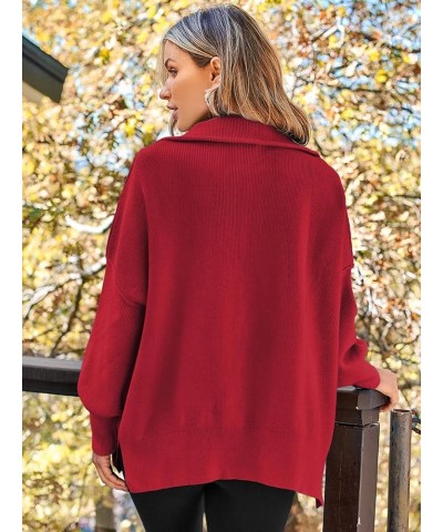 Women's Sweaters 2023 Winter Zipper Collared Oversized Drop Shoulder Tunic Pullover Knit Sweater Tops Red $16.73 Sweaters