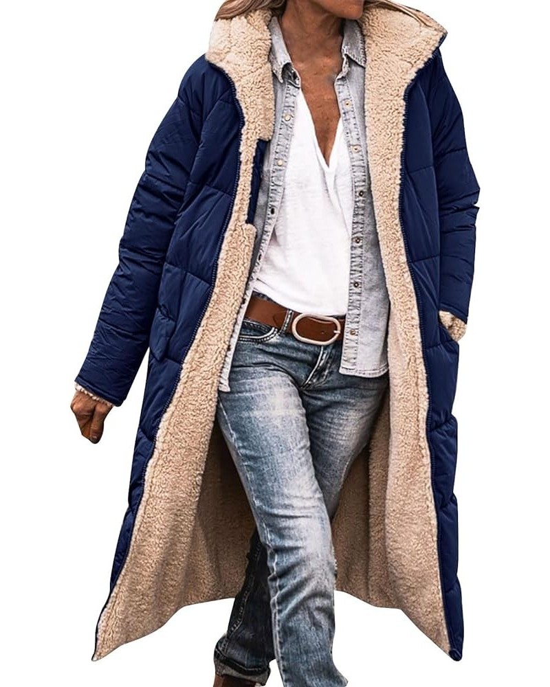 Women's Winter Coats Warm Fleece Lined Full Zip Longline Padded Jackets Oversized Long Sleeve Hooded Quilted Overcoat A-navy ...