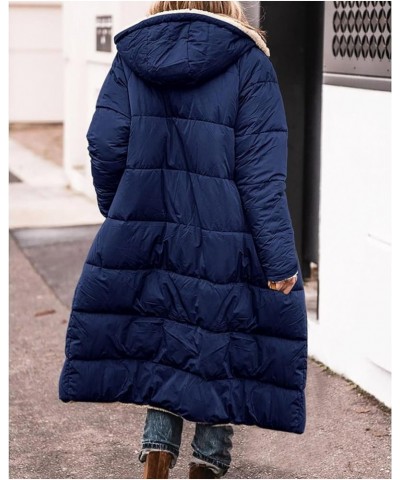 Women's Winter Coats Warm Fleece Lined Full Zip Longline Padded Jackets Oversized Long Sleeve Hooded Quilted Overcoat A-navy ...