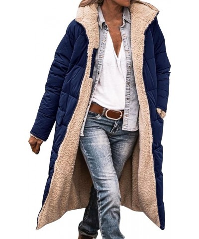 Women's Winter Coats Warm Fleece Lined Full Zip Longline Padded Jackets Oversized Long Sleeve Hooded Quilted Overcoat A-navy ...