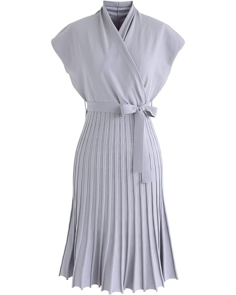 Women's Black Bowknot Pleated Sleeveless Wrapped Knit Midi Dress Lavender $19.76 Dresses