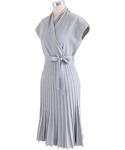 Women's Black Bowknot Pleated Sleeveless Wrapped Knit Midi Dress Lavender $19.76 Dresses