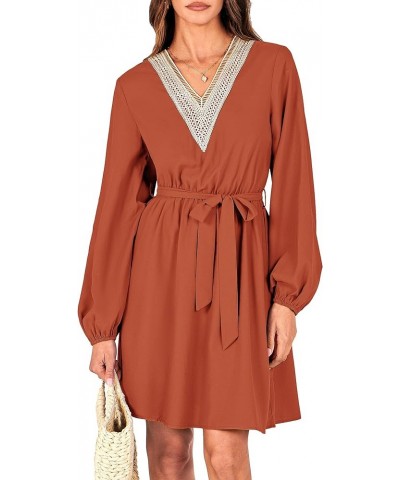 Women's 2024 Casual Fall Dress Long Sleeve Lace Trim V Neck Belted Short A Line Flowy Dress Brick Red $10.79 Dresses