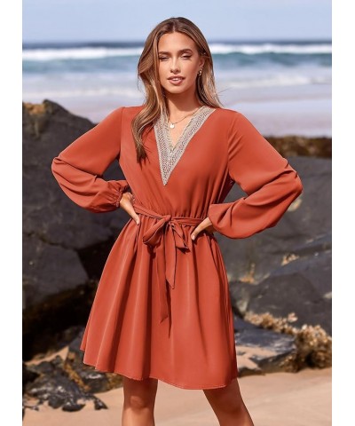 Women's 2024 Casual Fall Dress Long Sleeve Lace Trim V Neck Belted Short A Line Flowy Dress Brick Red $10.79 Dresses