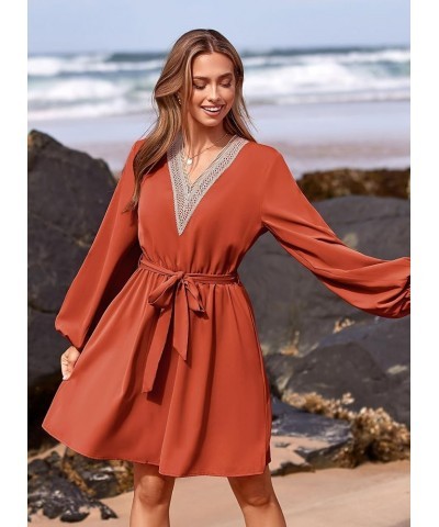 Women's 2024 Casual Fall Dress Long Sleeve Lace Trim V Neck Belted Short A Line Flowy Dress Brick Red $10.79 Dresses