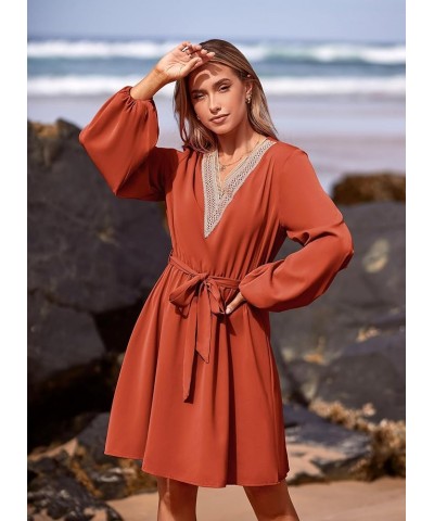 Women's 2024 Casual Fall Dress Long Sleeve Lace Trim V Neck Belted Short A Line Flowy Dress Brick Red $10.79 Dresses