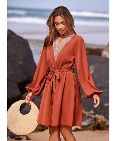 Women's 2024 Casual Fall Dress Long Sleeve Lace Trim V Neck Belted Short A Line Flowy Dress Brick Red $10.79 Dresses