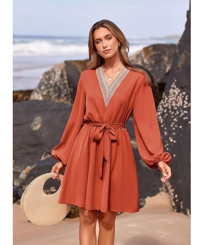 Women's 2024 Casual Fall Dress Long Sleeve Lace Trim V Neck Belted Short A Line Flowy Dress Brick Red $10.79 Dresses