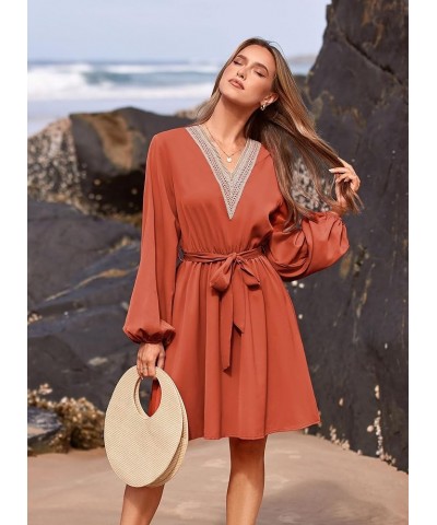 Women's 2024 Casual Fall Dress Long Sleeve Lace Trim V Neck Belted Short A Line Flowy Dress Brick Red $10.79 Dresses