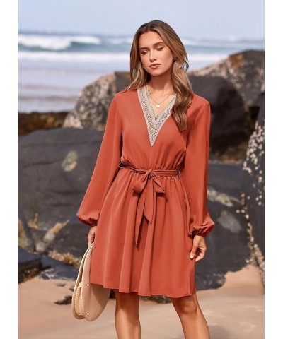 Women's 2024 Casual Fall Dress Long Sleeve Lace Trim V Neck Belted Short A Line Flowy Dress Brick Red $10.79 Dresses