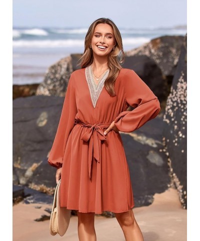 Women's 2024 Casual Fall Dress Long Sleeve Lace Trim V Neck Belted Short A Line Flowy Dress Brick Red $10.79 Dresses