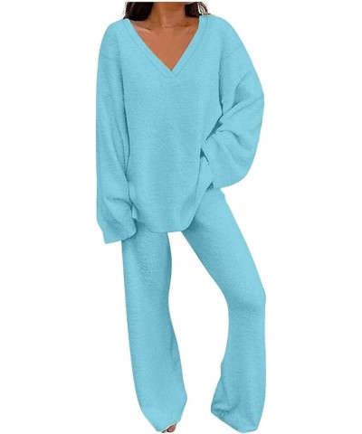 Womens Pajamas Set V Neck Sexy Comfy Plus Size Sleepwear Long Sleeve Wide Leg Loose Soft Fuzzy Warm Lounge Sets B-light Blue ...