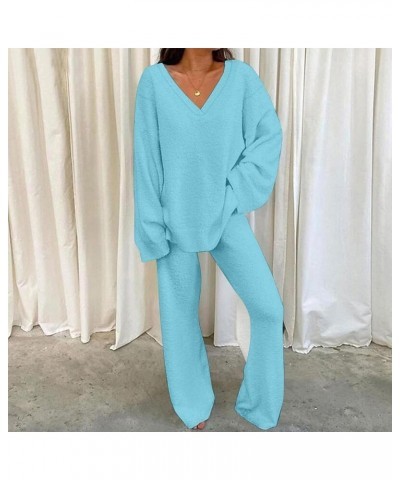 Womens Pajamas Set V Neck Sexy Comfy Plus Size Sleepwear Long Sleeve Wide Leg Loose Soft Fuzzy Warm Lounge Sets B-light Blue ...