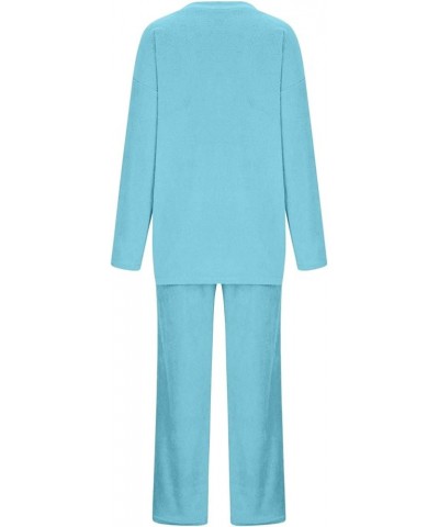 Womens Pajamas Set V Neck Sexy Comfy Plus Size Sleepwear Long Sleeve Wide Leg Loose Soft Fuzzy Warm Lounge Sets B-light Blue ...